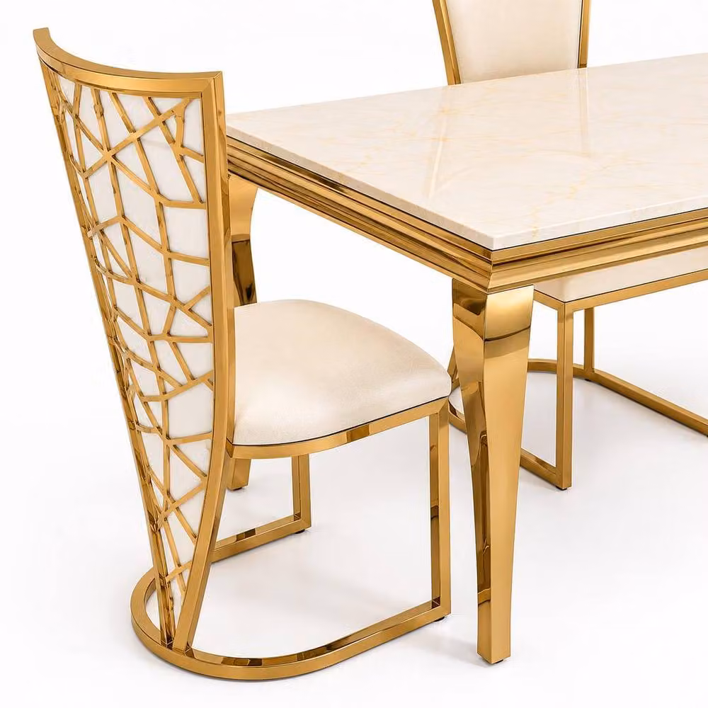 Home Luxe Interior Marble Dining Table and 4 Vienna Cream Gold Velvet Chairs Set, Width: 120 cm – 4