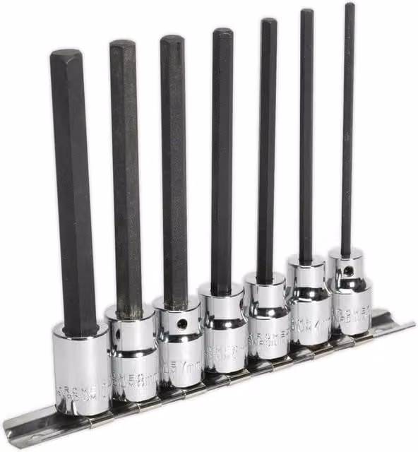 Loops 7pc Hex Socket Bit Set, 3/8" Square Drive, 3mm to 10mm, 110mm Long Shaft, S2 Steel, Silver