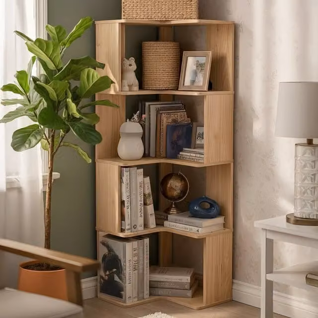 Livingandhome L-shaped Corner Wooden Bookshelf in Brown and Multicolour, Height: 130 cm