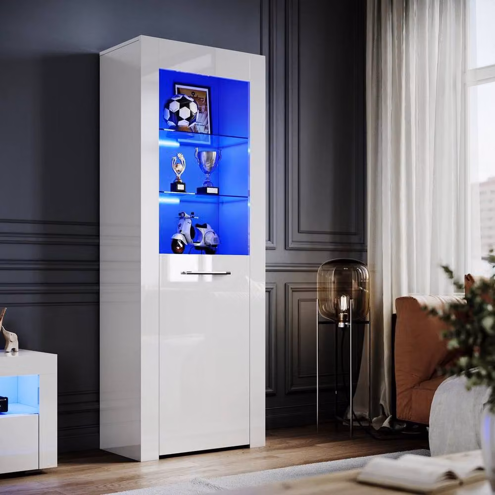 FORGEVIO Modern High Gloss White Display Cabinet with Glass Doors and Integrated Lighting, H 165 x W 35 x D 35 cm – 3