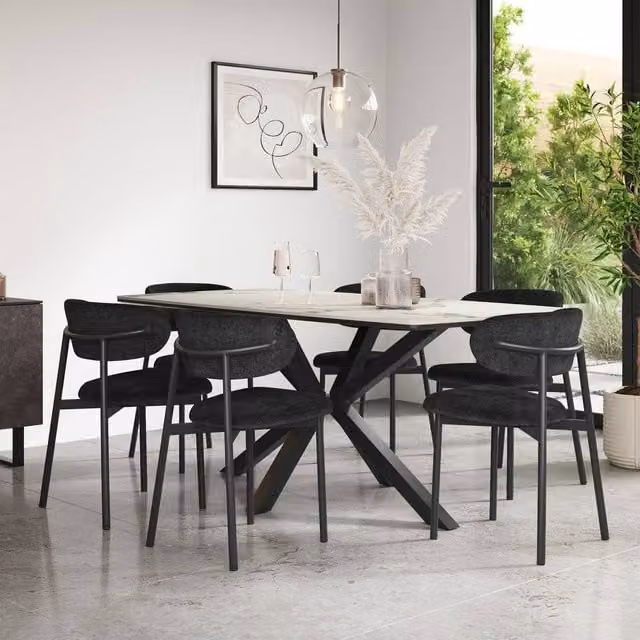 More4Homes Juno Black Ceramic Dining Table and 6 Myla Linen Chairs Set, W/D/H: 180 x 90 x 75 cm – 1