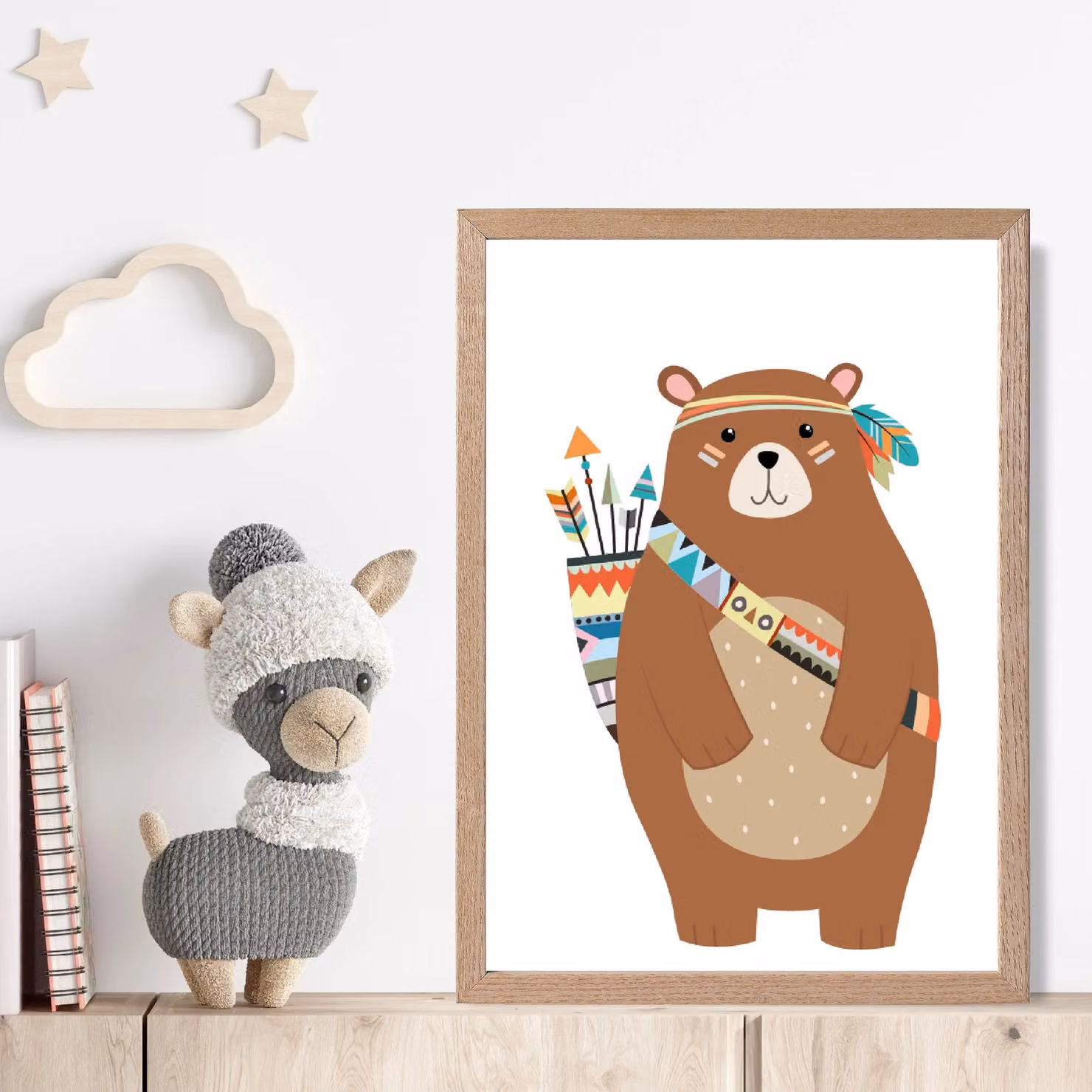 ARTZE Standing Bear Tribal Animal Framed Print, Brown Oak Wood Frame, A4 – 2