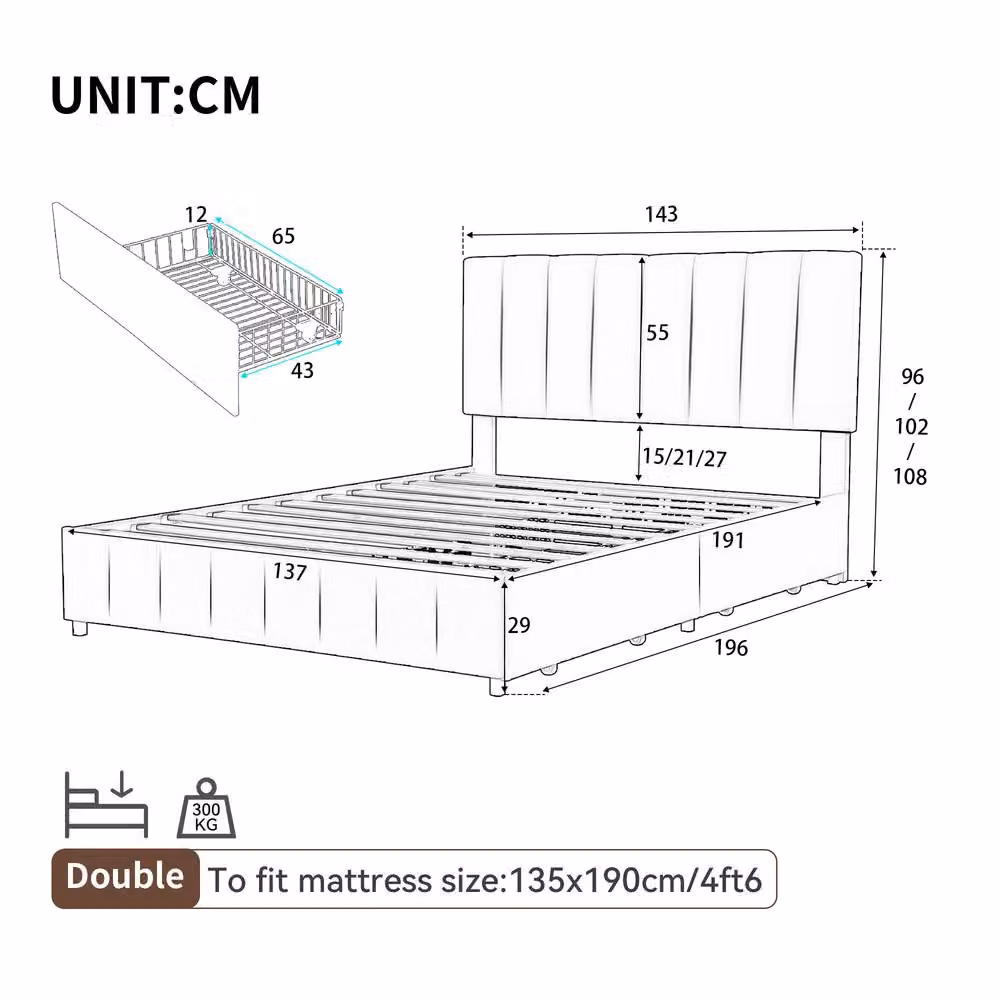 Rolipo Double Grey Velvet Bed Frame with 4 Storage Drawers, W/D/H: 140 x 200 cm – 4