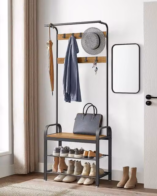 VASAGLE Industrial Hall Tree with Shoe Bench, Hooks and Clothes Rail in Bronze – 1