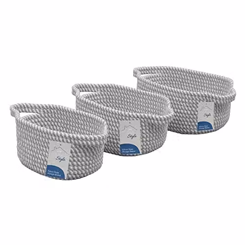 JVL Edison Oval Cotton Rope Storage Basket Set of 3 in Grey and White – 1