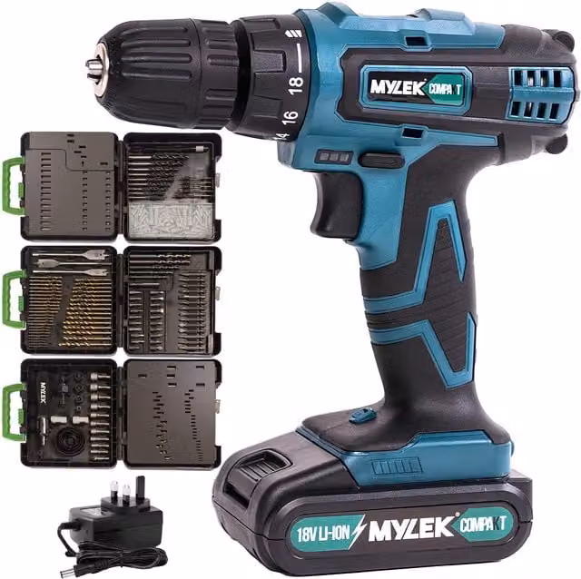 MYLEK Cordless VCB Drill in Green with 204 Piece Accessory Kit