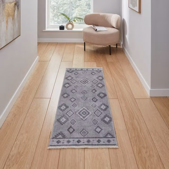 Terrys Grey Geometric Flat Weave Washable Polyester Rectangular Rug