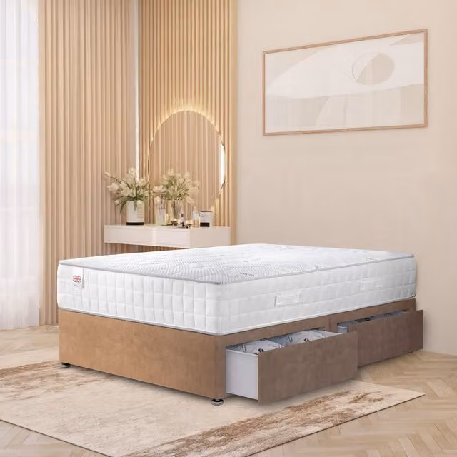 Horizona Plush Velvet Upholstered Divan Bed with Hybrid Memory Foam Pocket Spring Mattress in Beige and Brown, W/D/H: 120 x 200 cm