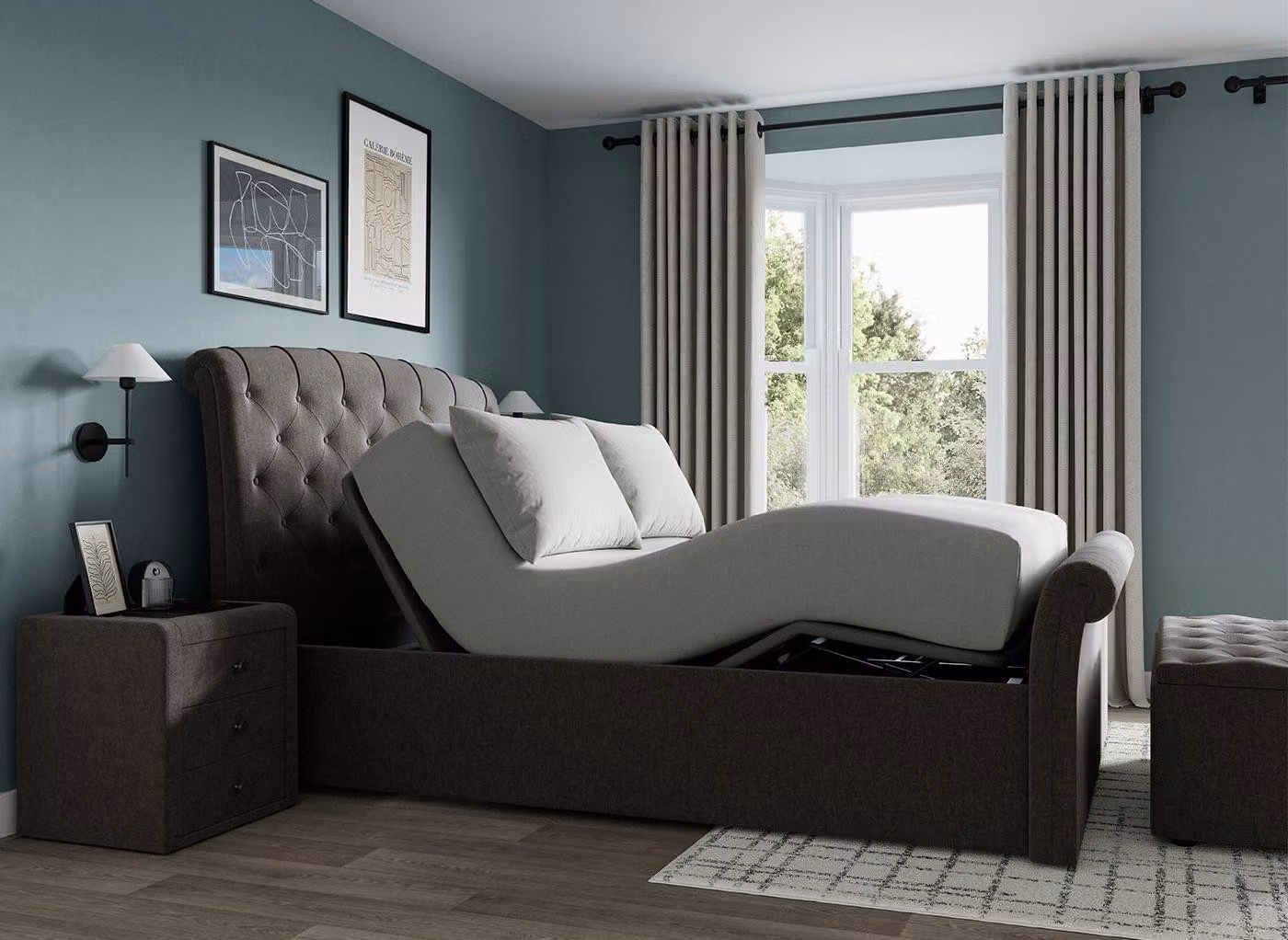 Dreams Paris Ergomotion Adjustable Upholstered Bed Frame in Grey Velvet with USB Charging Port and Under-Bed Lighting