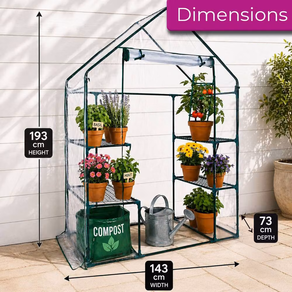 Neo 4 Tier Mini Greenhouse with Galvanised Steel Frame and Transparent PVC Cover, H 193 x W 143 x D 73 cm – 5