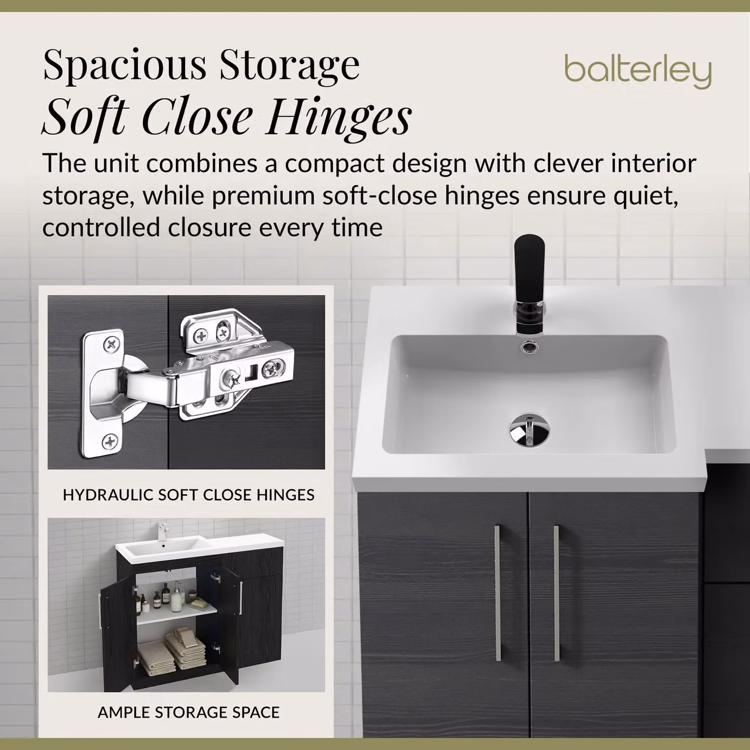Balterley Modern Charcoal Black Left Hand Bathroom Vanity Basin and WC Unit with Soft Close Doors W: 110 cm, H: 84 cm – 3