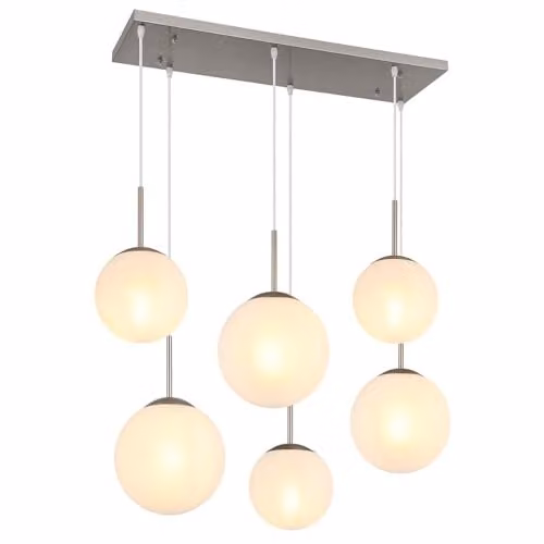 Nowa Modern Suspended Pendant Light with White Glass Balls and Silver Metal Frame for Dining Rooms and Kitchens, 6 x E27 Bulbs