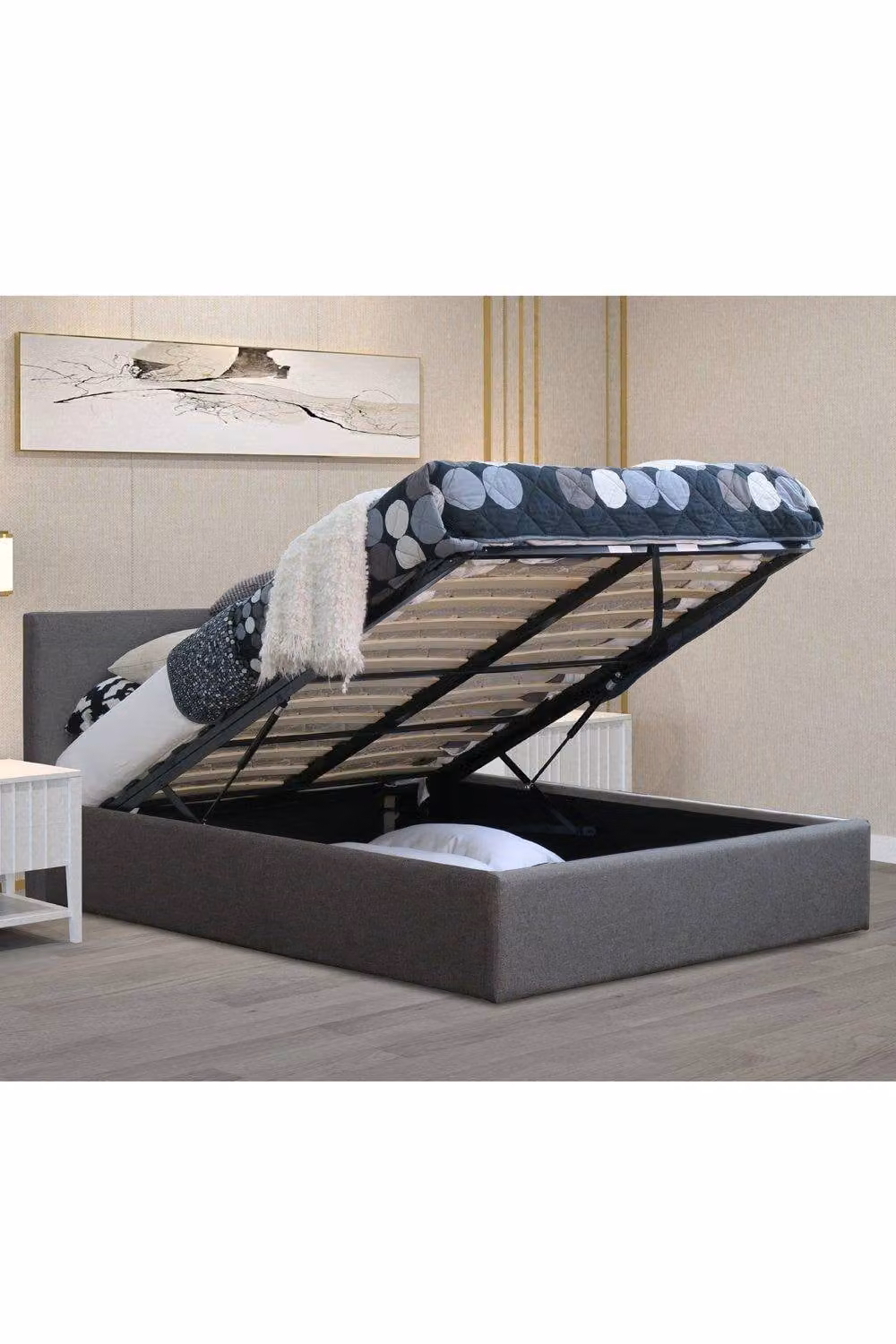 Modernique Fabric Ottoman Storage Bed with High Headboard and Gas Lift Up Base, Grey, W/D/H: 90 x 190 x 107 cm – 2