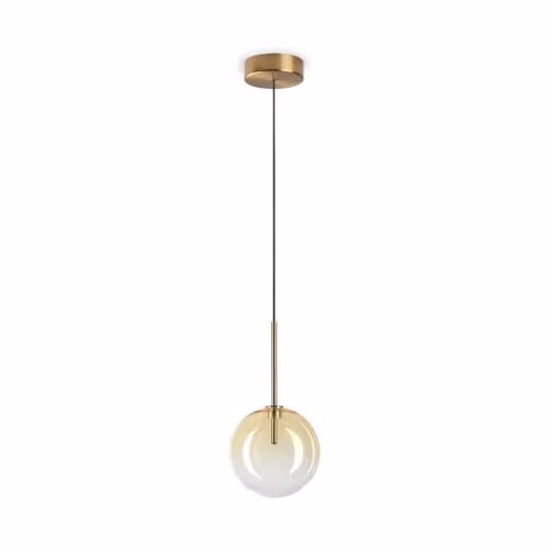 Ideal Lux Equinoxe Amber Glass Sphere Pendant Ceiling Light with Gold/Brass Finish, Diameter: 15 cm