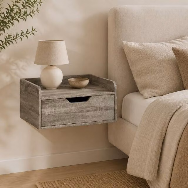 STILVORA Set of 2 Modern Wall Mounted Bedside Tables with Drawer in Grey