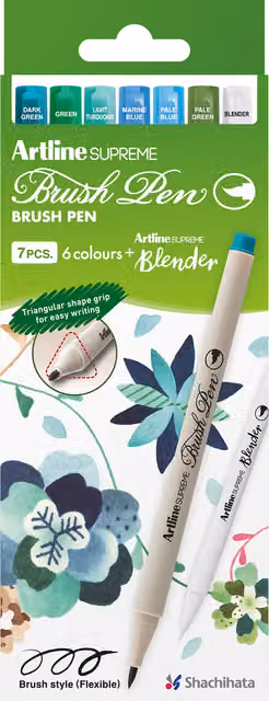 Artline Supreme Brush Pens in Green, Pack of 7