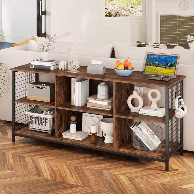 Costway Industrial 6-Cube Media Console Table in Brown