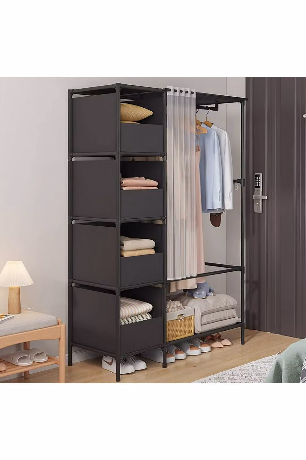 Living and Home Portable Metal Clothes Closet with 4 Storage Baskets and Integrated Drawers in Black – 2