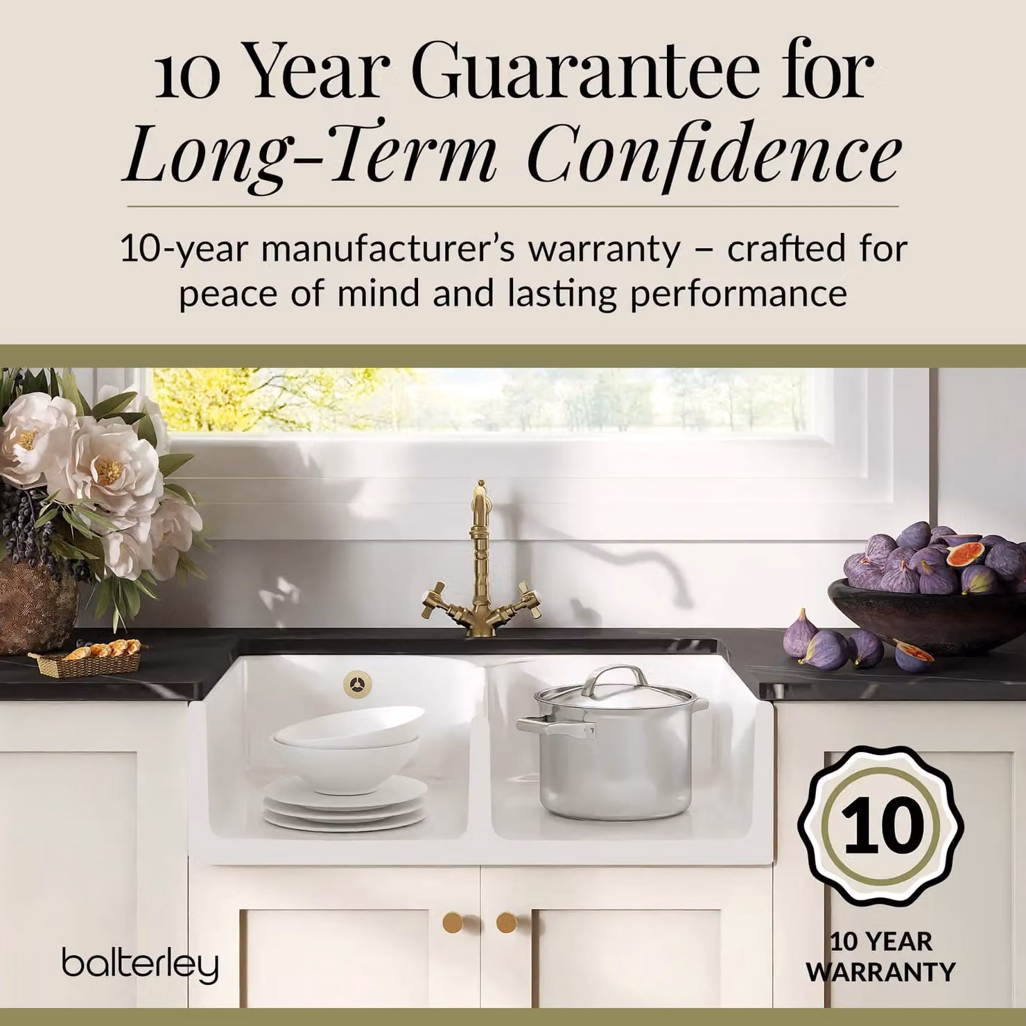 Balterley White Ceramic Fireclay 2 Bowl Stepped Weir Butler Sink with Wastes and Tap, W: 79.5 cm – 4