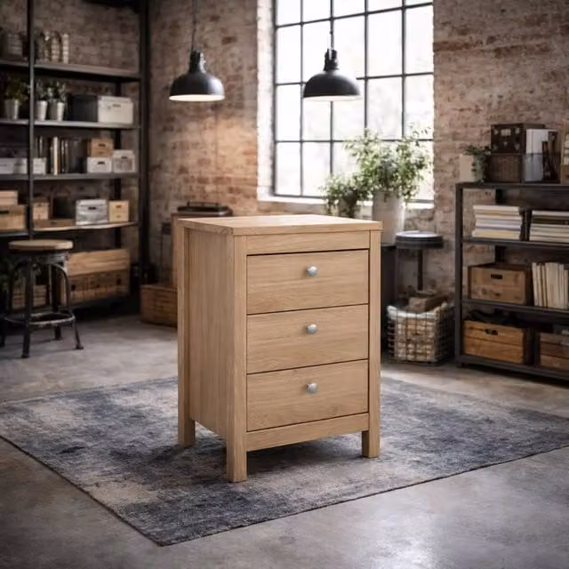 Wyld Haus Gossmere Hickory Oak Effect Bedside Table with 3 Drawers in Brown