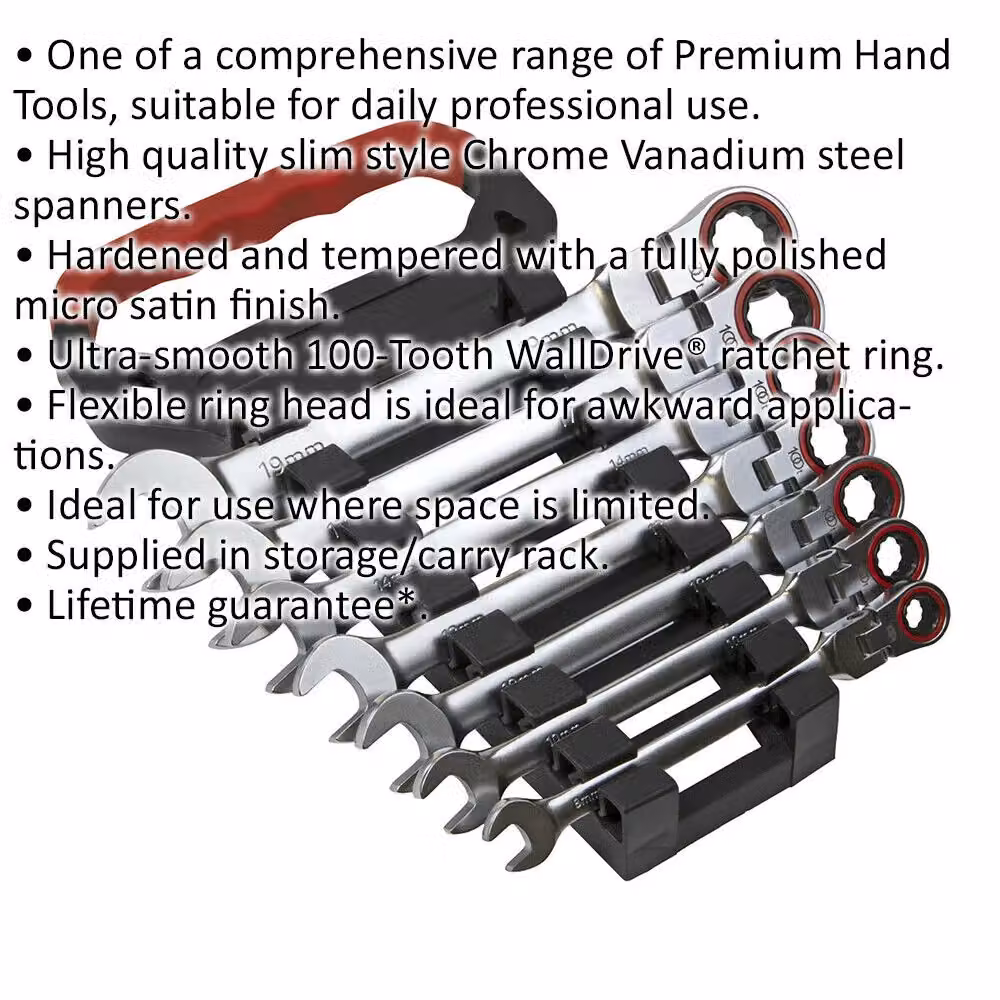 Loops 7pc Flexible Head Combination Ratchet Spanner Set, 12 Point Metric, Silver and Multicolour – 2