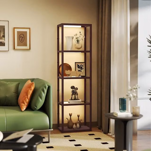 HOMCOM Dimmable LED Floor Lamp with Glass Shelves in Brown