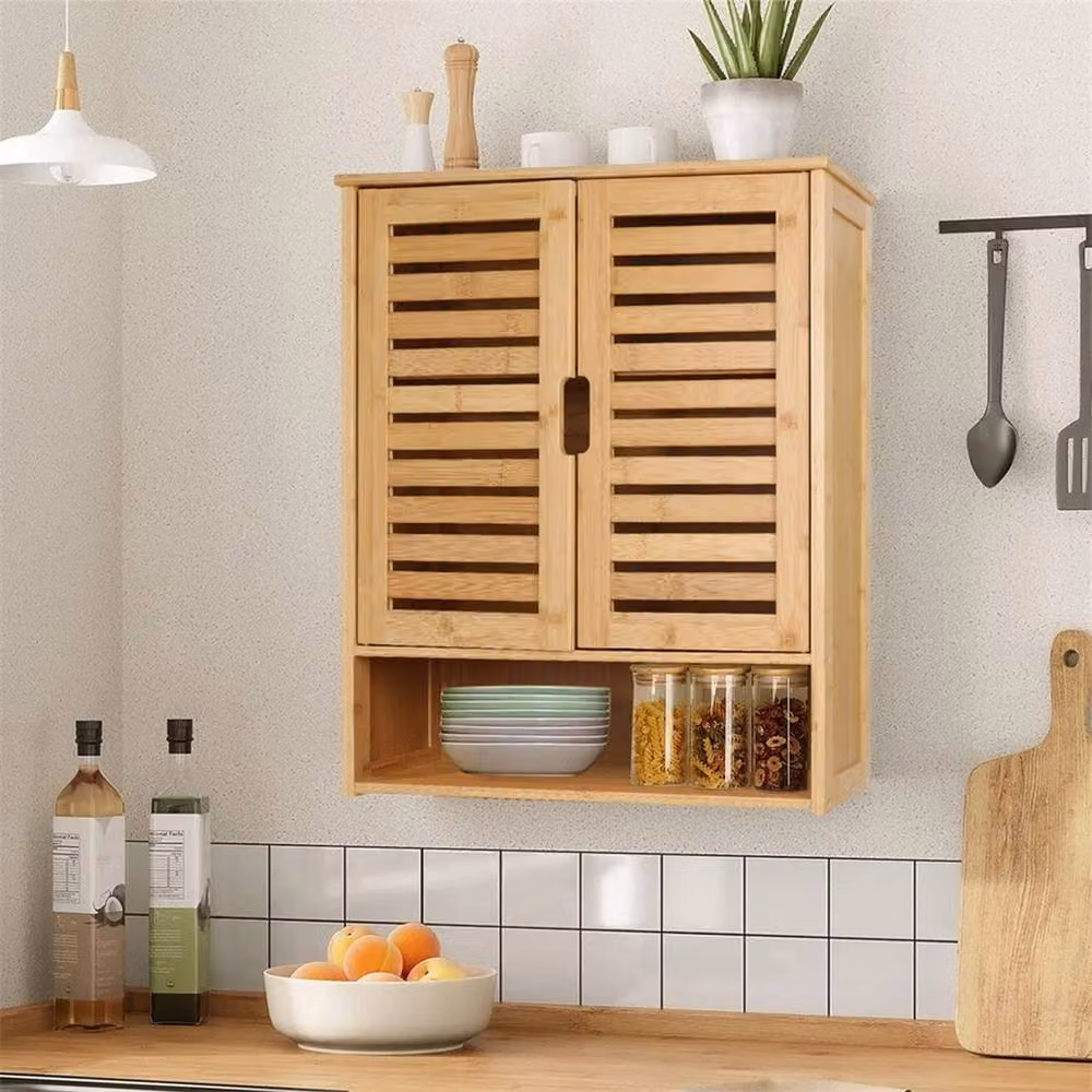 NESTLUNE Modern Brown Wall Mounted Bathroom and Kitchen Storage Cabinet with Hinged Doors and Internal Shelves – 3
