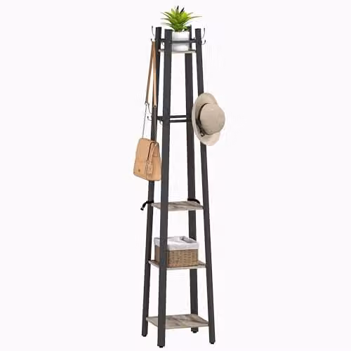 HOMCOM Industrial Coat Stand with 8 Hooks and 4 Shelves in Grey and Black