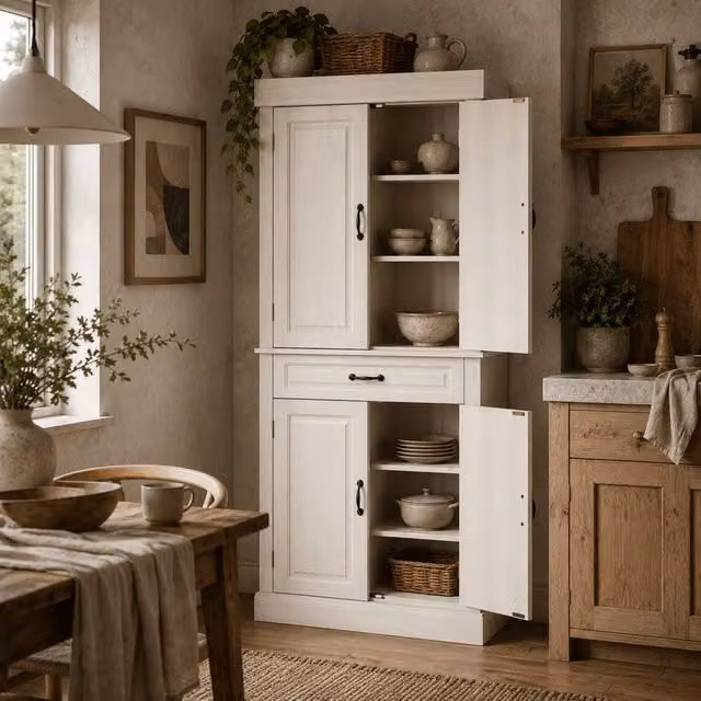Wyld Haus Tokeri Tall Kitchen Pantry Cabinet in White with 4 Doors and 1 Drawer, H 180 x W 80 x D 35 cm – 1