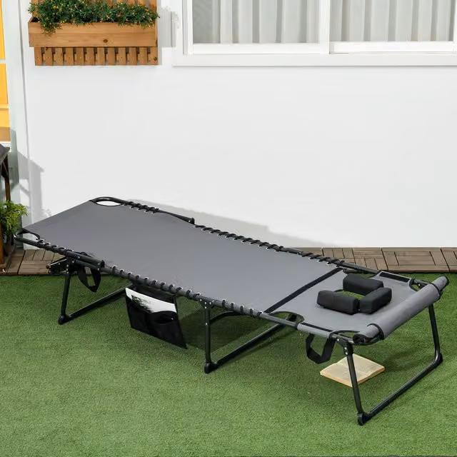 Outsunny Grey Textilene Reclining Folding Sun Lounge with Multi-Position Glide