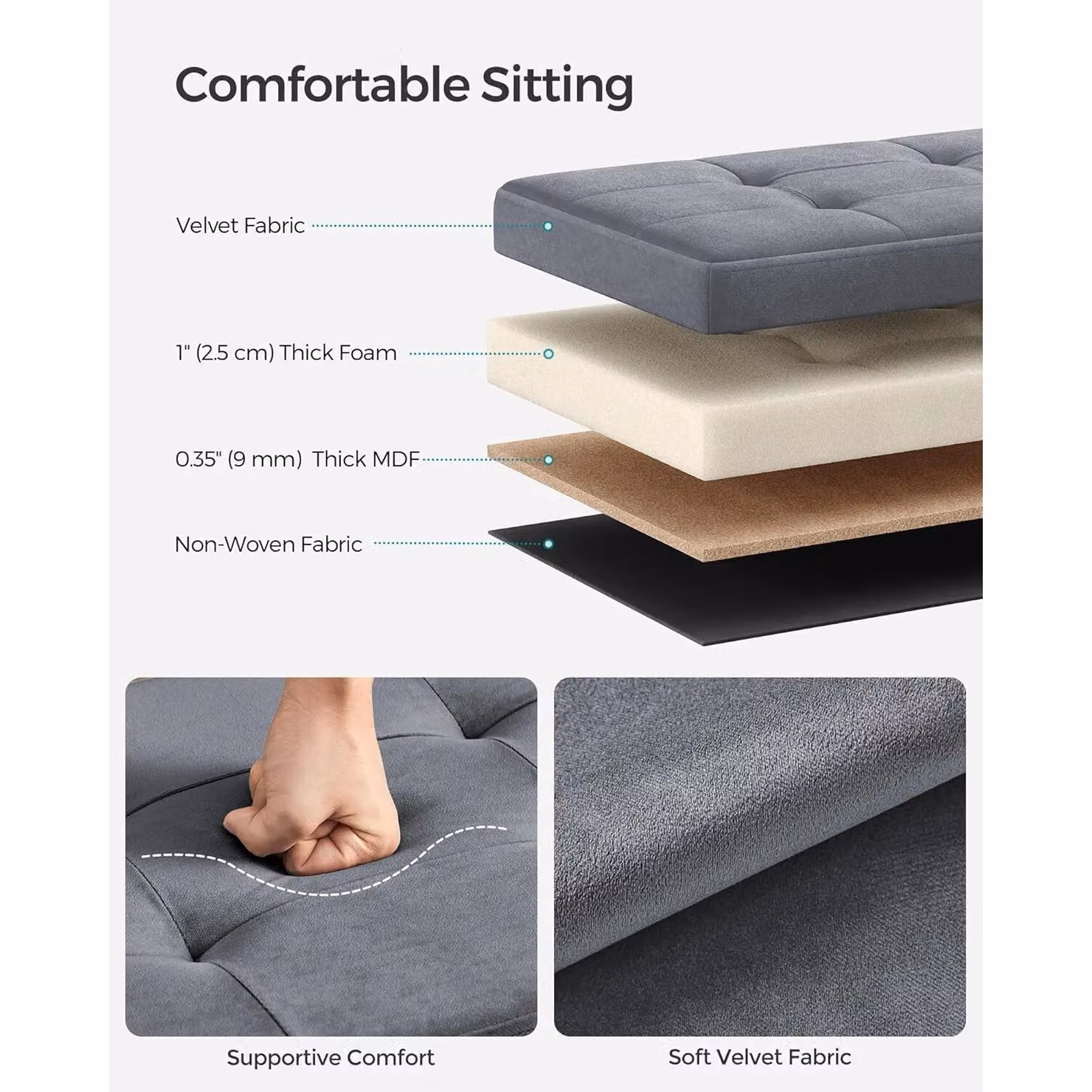 SONGMICS Extra Large Foldable Storage Ottoman Cube Heavy Duty Bench in Grey – 3