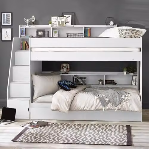 Julian Bowen Camelot White Wooden Single Staircase Bunk Bed Frame with Storage Drawers, H 237.5 x W 171.0 x D 116.5 cm