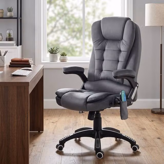 ERGOVEXA Grey Velvet Massage Recliner Executive Office Chair with Heating and 360 Degree Swivel, W/D/H: 74 x 50 x 116 cm
