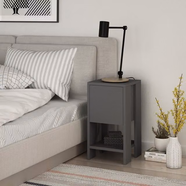 Decortie Ema Compact 1-Drawer Bedside Cabinet in Anthracite Grey and Dark Brown, W: 30 cm, H: 54.8 cm