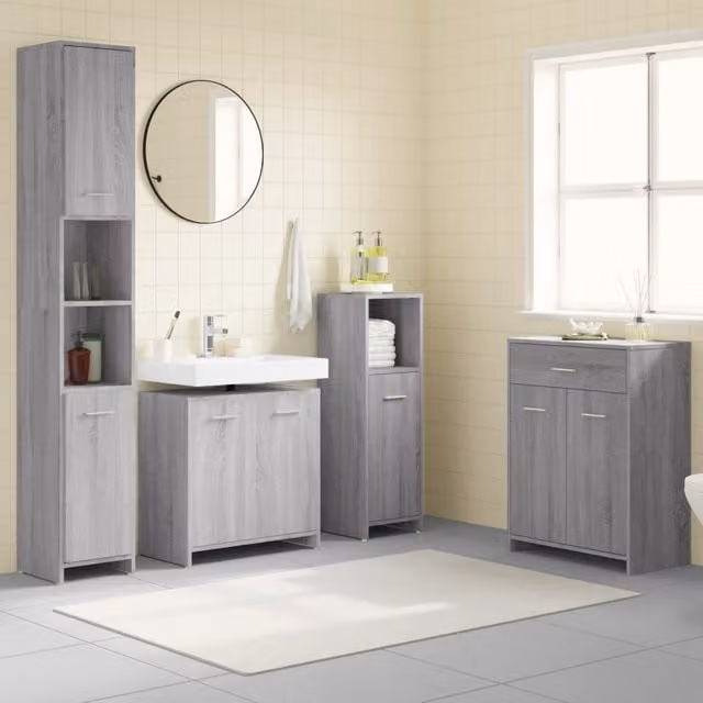 Berkfield Home 4 Piece Modern Grey Bathroom Furniture Set with Tall Cabinet and Hinged Doors