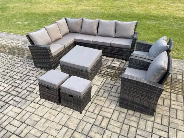 Fimous 11 Seat Rattan Garden Furniture Set with L-Shape Corner Sofa, Chairs and Coffee Table in Dark Grey