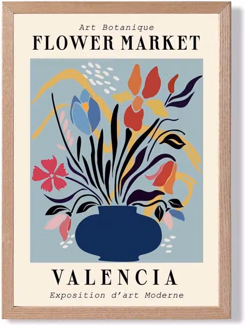 ARTZE Valencia Blue and Pink Flower Market Exhibition Framed Print with Oak Frame
