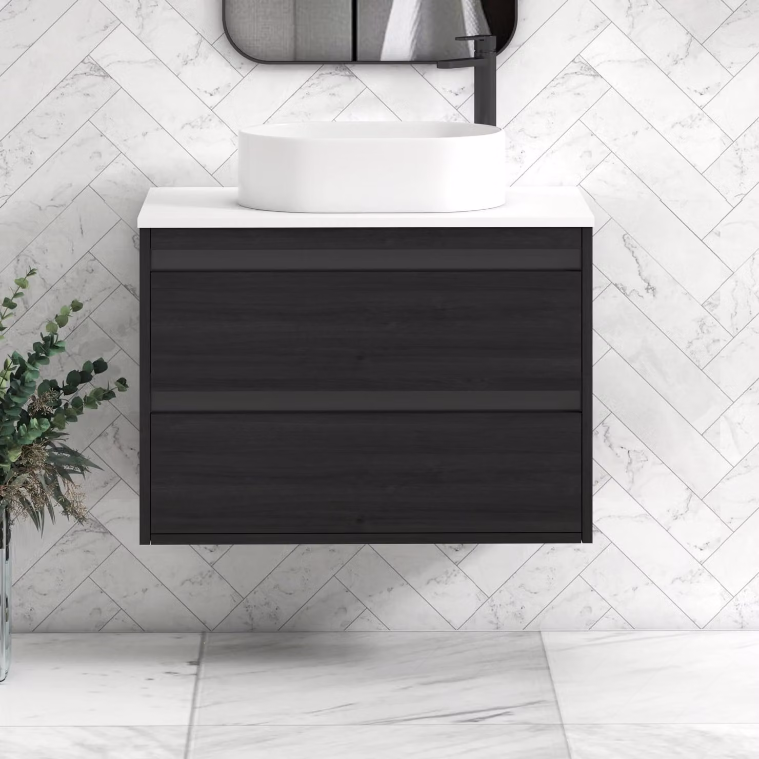 Royal Bathrooms Orion 800mm Hale Wall Hung Vanity Unit with Peak Basin in White and Black Accent Trim