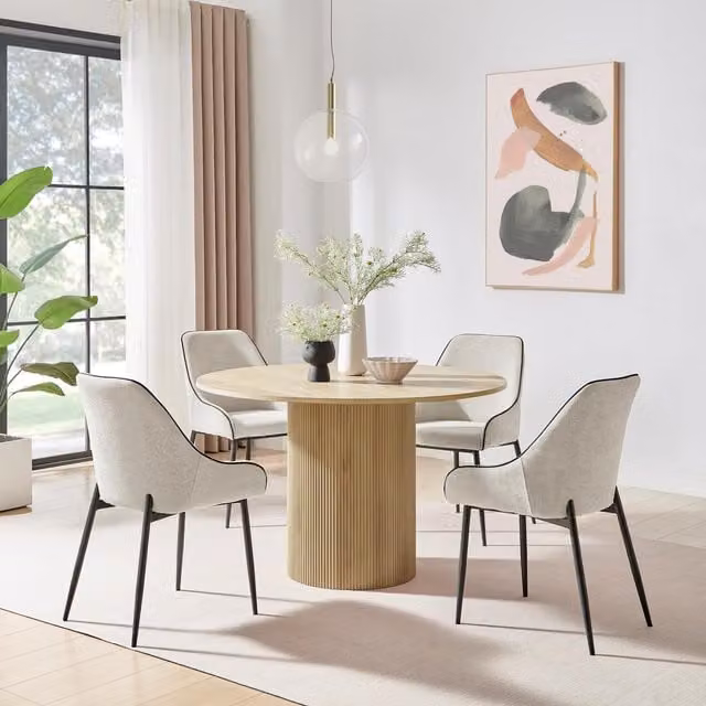 FurnitureboxUK Penrose Oak Effect Round Dining Table and 4 Beaumont Chairs in Beige, Black and Yellow