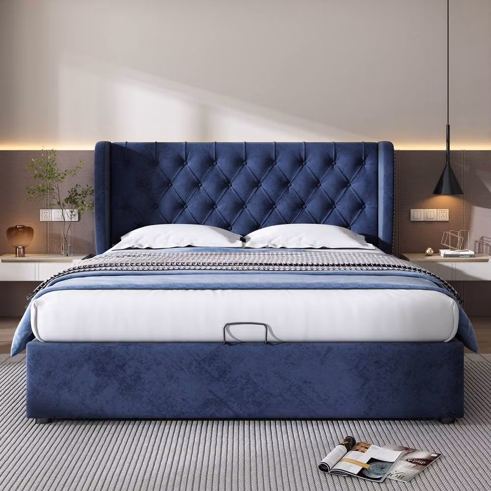 Rolipo Blue Velvet Upholstered Double Bed with Lift Up Base, W/D/H: 140 x 200 cm – 3