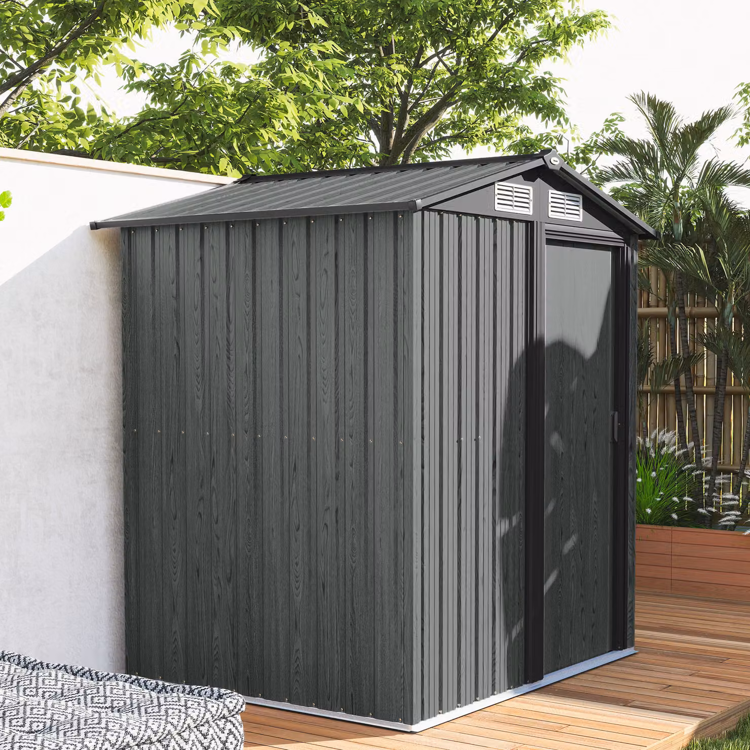 Outsunny Grey Wood Effect Outdoor Garden Storage Shed with Sliding Pent Roof and Roof Vent, W/D/H: 188.0 x 132.0 x 131.07 cm – 5