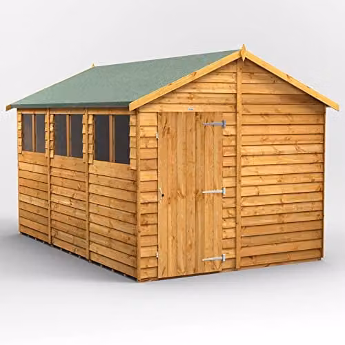 Powersheds Premium Apex Garden Overlap Wooden Shed in Natural Brown with Toughened Glass Windows and Gable Roof