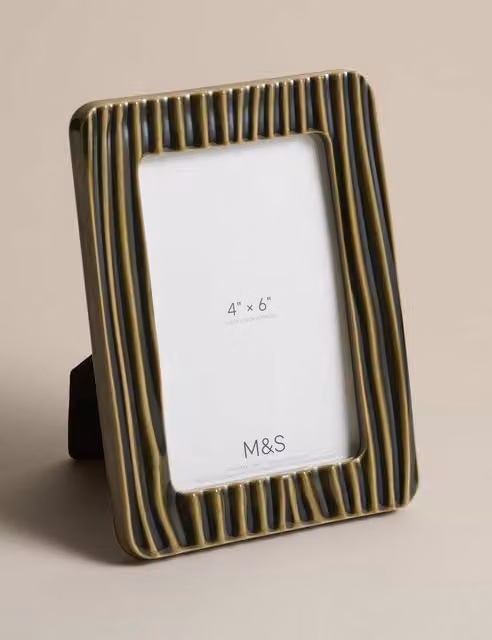 M&S Ceramic Striped Rectangular Single Tabletop Photo Frame, Green, 10.16 x 10.16 cm
