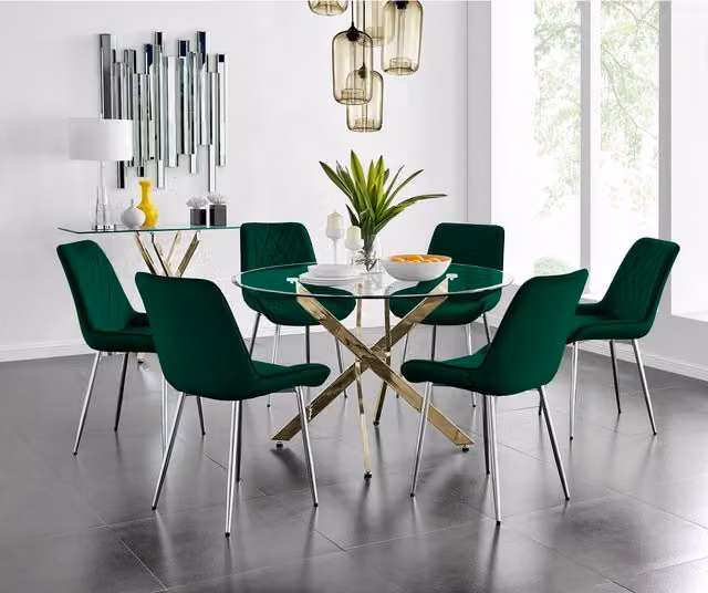 FurnitureboxUK Novara Gold Round Glass Dining Table and Six Pesaro Silver Leg Chairs in Green, W: 120 cm