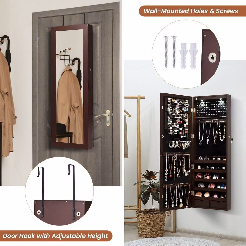 Costway 2-in-1 Wall Mounted Mirror Jewelry Cabinet and Armoire with LED Lighting in Brown – 8