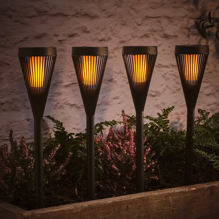 Lights4fun Set of 4 Black Solar Powered Moving Flame Torch Path Stake Lights, Height: 45 cm