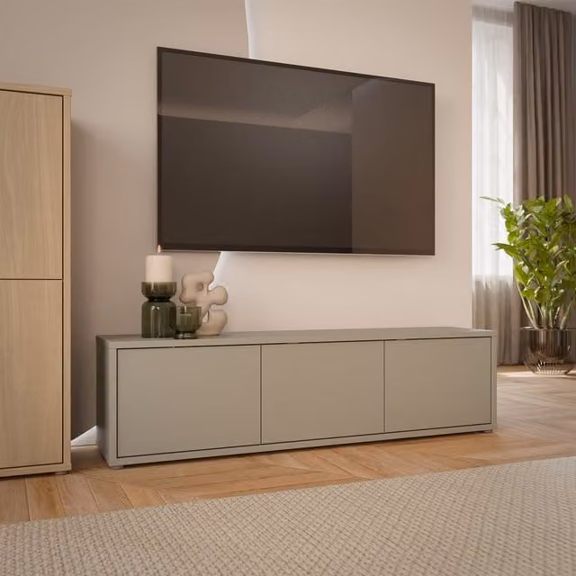 Furniture To Go Alice Springs Wide Modern TV Cabinet with 3 Push-Open Doors in Taupe Beige and Grey