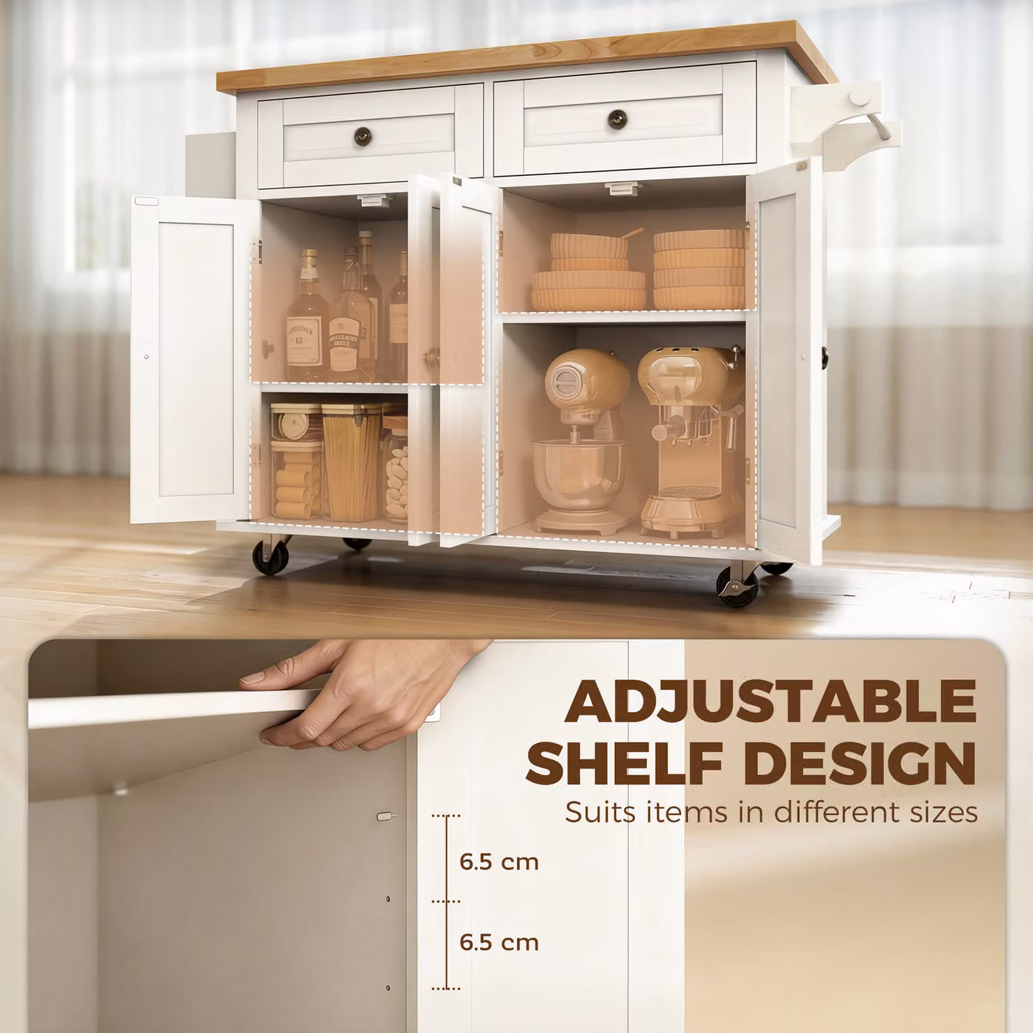 HOMCOM Rolling Kitchen Island Trolley with Rubberwood Top and Drawers, White – 4