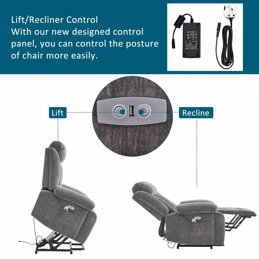 Matteo Electric Power Lift Recliner Chair with Massage, Heat and USB in Grey Fabric – 6