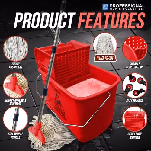 TDBS Kentucky Floor Mop and Bucket Set with Wringer and Refillable Head, Red and Yellow – 5